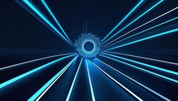 Bright blue light rays converge toward a central point creating an abstract tunnel effect photo