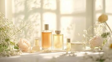 Elegant perfume display with floral accents in soft morning light at a cozy indoor setting photo