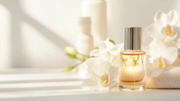 Elegant perfume bottle surrounded by white orchids and soft towels in a serene spa setting during the afternoon photo