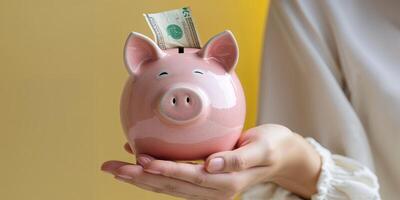 Saving money with a piggy bank during a sunny day at home photo