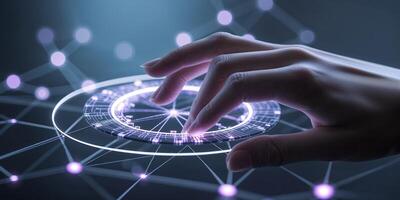 Futuristic hand interacting with a holographic display in a high-tech environment photo