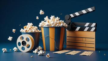 Giant popcorn buckets and a classic film clapperboard on a blue background during a movie night photo