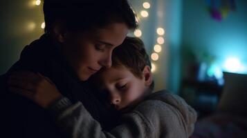 Emotional moment between a mother and her child in a cozy bedroom setting at night photo