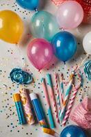 Colorful party decorations with balloons, confetti, and party favors on a festive background photo