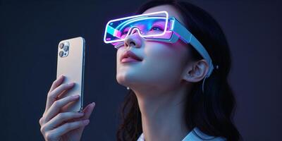 Woman using augmented reality glasses alongside a smartphone in a dark setting, showcasing innovative technology and futuristic design photo