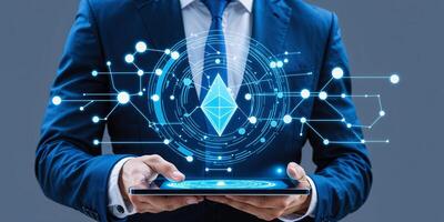 Businessman presenting digital technology concepts with blockchain and cryptocurrency elements in a modern setting photo