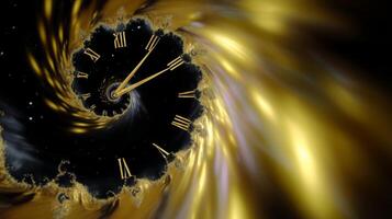 Spiral clock design illustrating the passage of time in a cosmic setting with golden swirls and stars photo