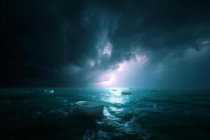 Stormy night with lightning illuminating empty boats on turbulent water photo
