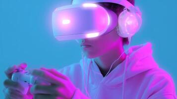 Young gamer immersed in virtual reality with vivid lighting and headphones during evening gaming session photo