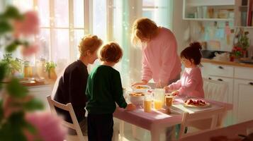 Family enjoys breakfast together on a sunny morning in a cozy kitchen with soft light and joyful atmosphere photo
