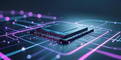 Modern microprocessor on circuit board with vibrant lighting showcasing technological advancement in electronics photo