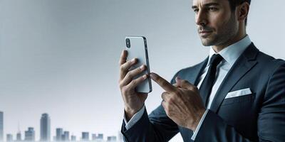 Businessman checks smartphone in modern urban environment during daylight hours, focused on connectivity and technology photo