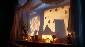 Window display creates haunting shadows of bat silhouettes and natural decor photo