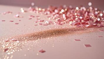Shimmering pink confetti and glitter scattered across a light surface creating a festive atmosphere for celebrations photo