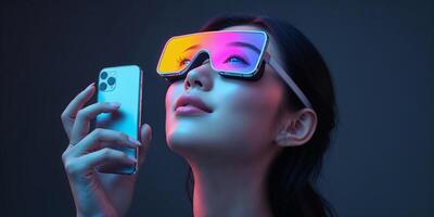 Futuristic woman wearing colorful glasses and using a smartphone under neon lighting in a modern setting photo