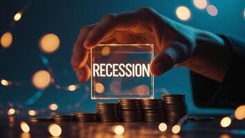Conceptual representation of economic recession with coins and illuminated text in a dark setting photo