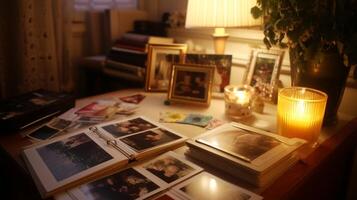 Memories captured on a cozy table adorned with photographs and candles in a warm living room photo
