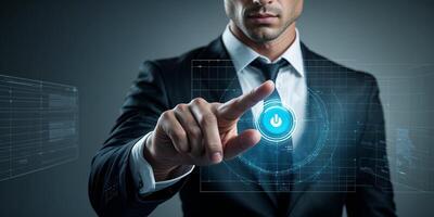 Business professional interacts with digital interface displaying technology concepts in a modern office environment photo