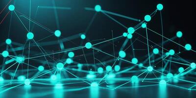 Digital network of glowing turquoise nodes and connections representing data flow in a futuristic environment photo