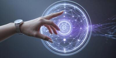 Digital interaction with a glowing sphere surrounded by networks and connections in a futuristic setting photo