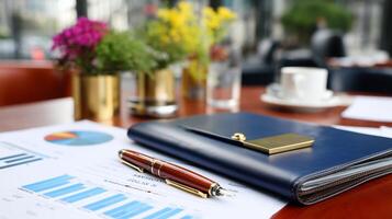 Business meeting setup with reports and flowers in a modern cafe during the morning hours photo