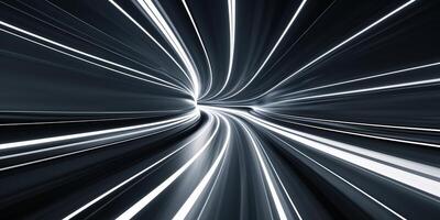Abstract depiction of light trails in a tunnel highlighting motion and speed in a futuristic setting photo