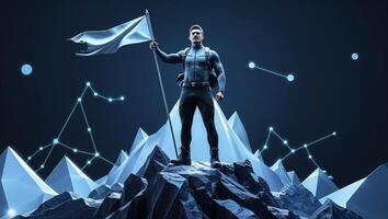 Man stands triumphantly on a rocky peak holding a flag against a futuristic backdrop with data points and geometric shapes photo
