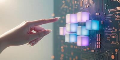 Futuristic hand interaction with illuminated cubes on a circuit board design in a technology setting photo