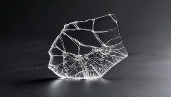 Transparent crystal shard displaying intricate fracture patterns on a dark surface illuminated by soft light photo