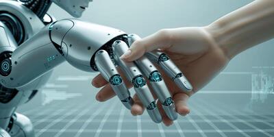 Human hand reaching out to touch a robotic hand in a futuristic setting representing connection between technology and humanity photo