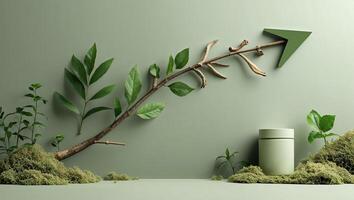 Natural elements create a modern arrangement with a branch, leaves, and a minimalist container on a soft green background photo