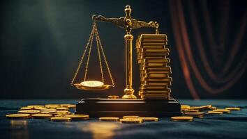 Legal balance on a table surrounded by golden coins in a dimly lit setting photo