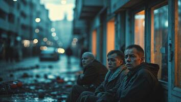 People sitting quietly on a street at dusk in an urban setting with soft lighting and a sense of anticipation photo
