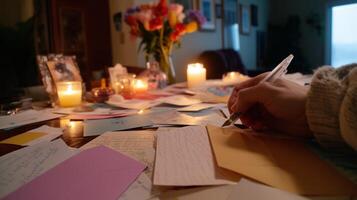 Writing heartfelt letters by candlelight on a cozy table filled with personal notes and flowers photo