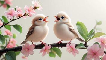 Two small birds perched on a cherry blossom branch singing joyfully in a soft spring setting photo
