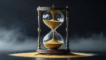 Elegant hourglass on a dark background symbolizes the passage of time and its inevitable flow photo