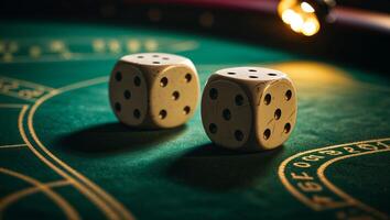 Exciting moment at a casino table with dice ready to roll during an evening gaming session photo