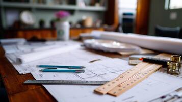 Blueprints and design tools on a wooden table in a creative workspace focused on architectural planning and design photo