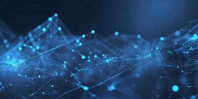 Abstract network of interconnected blue dots and lines representing digital data flow and technology concepts in a futuristic setting photo