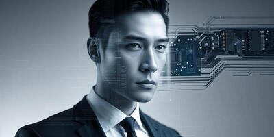 Professional man with futuristic technology elements engaging in digital transformation in a sleek, modern setting photo