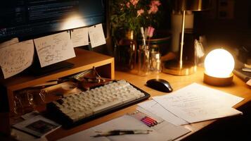 Workspace with computer and creative materials during evening hours photo