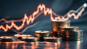 Trends in cryptocurrency reflected in a stack of coins on a digital background featuring rising graphs photo