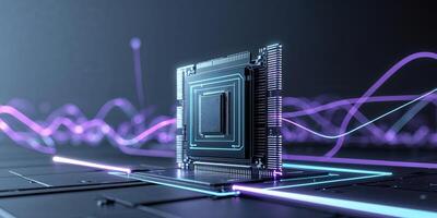 Modern microchip design with dynamic light effects showcasing computer technology and innovation photo