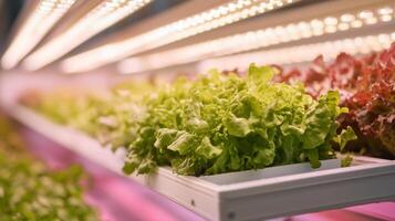 Fresh lettuce growing under artificial lights in a modern vertical farm setting photo