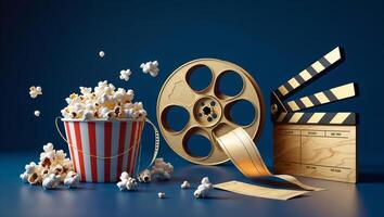 Classic film setup featuring popcorn, a vintage film reel, and a clapperboard on a blue backdrop with a cinematic atmosphere photo