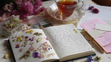 Beautiful floral journal with handwritten notes and a cup of tea on a cozy tabletop in a warm afternoon setting photo