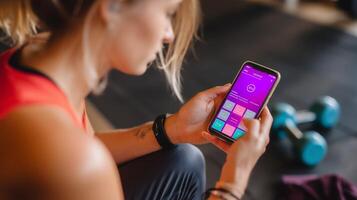 Woman using fitness app while sitting on gym floor near dumbbells during workout session photo