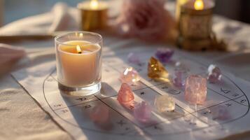 Relaxing atmosphere is created by a candle and crystals arranged in a sacred geometric pattern in a softly lit space photo