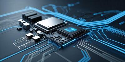 Close-up of advanced microchip layout with intricate circuitry and blue glowing connections at technology lab photo