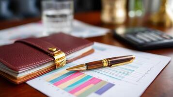 Business planning in a stylish office with a notebook, graphs, and a pen during a productive work session photo